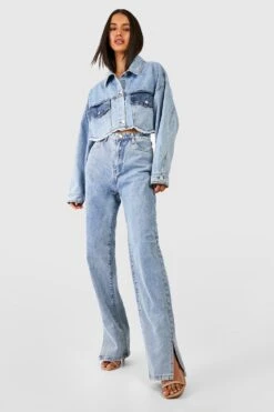 Gerade Jeans Mit Hohem Bund Und Schlitz -Mode für Sie Geschäft fzz68782 light20blue xl 2