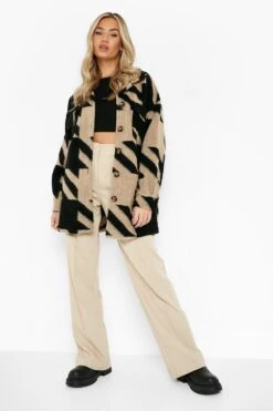 Oversize Shirt-Jacke Mit Hahnentritt-Print -Mode für Sie Geschäft gzz01639 camel xl 2