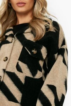 Oversize Shirt-Jacke Mit Hahnentritt-Print -Mode für Sie Geschäft gzz01639 camel xl 3