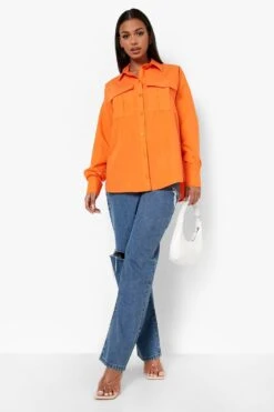Oversize Hemd Aus Baumwolle Mit Utility-Taschen -Mode für Sie Geschäft gzz03777 orange xl 2