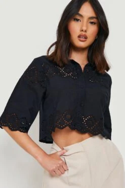 Kurzes Hemd Mit Lochmuster-Detail 9 Kurzes Hemd Mit Lochmuster-Detail -Mode für Sie Geschäft gzz07705 black xl 3