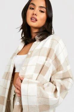 Karierte Oversize Shacket Mit Weiten Ärmeln -Mode für Sie Geschäft gzz13026 beige xl 3