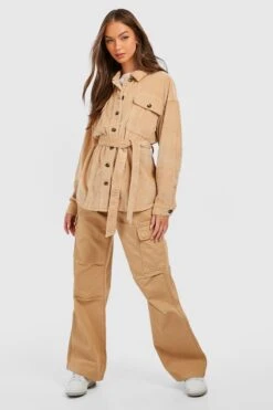 Oversize Cord-Shacket Mit Tasche Und Gürtel -Mode für Sie Geschäft gzz19140 taupe xl 2