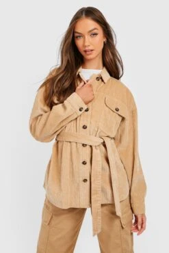 Oversize Cord-Shacket Mit Tasche Und Gürtel -Mode für Sie Geschäft gzz19140 taupe xl 3