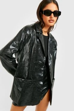 Kroko Vinyl-Blazer Mit Oversize Tasche