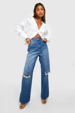 Zerrissene Gerade Jeans Mit Hohem Bund Und Geteiltem Saum -Mode für Sie Geschäft gzz47709 mid20wash xl 2