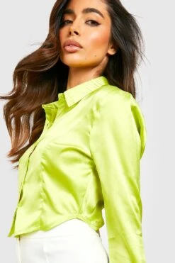 Kurzes Satin-Hemd Mit Naht-Detail -Mode für Sie Geschäft gzz47857 chartreuse xl 3