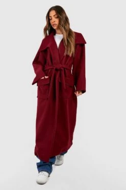 Oversize Mantel In Wolloptik Mit Taschen-Detail Und Gürtel -Mode für Sie Geschäft gzz48519 burgundy xl 2