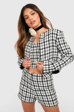 Kurze Lockere Karierte Tweed-Jacke