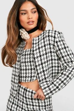 Kurze Lockere Karierte Tweed-Jacke -Mode für Sie Geschäft gzz55082 black xl 3