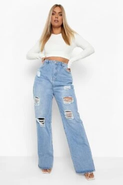 Plus Zerrissene Jeans Mit Hohem Bund Und Geteiltem Saum -Mode für Sie Geschäft pzz02329 bleach20wash xl 2